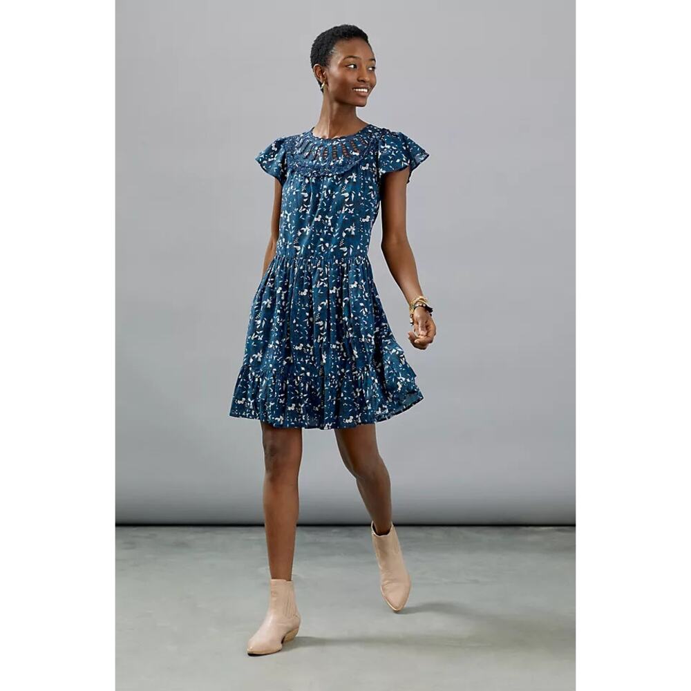 Othilia Dessa Ruffled Floral Mini Sundress Anthropoligie Blue Women's XSP